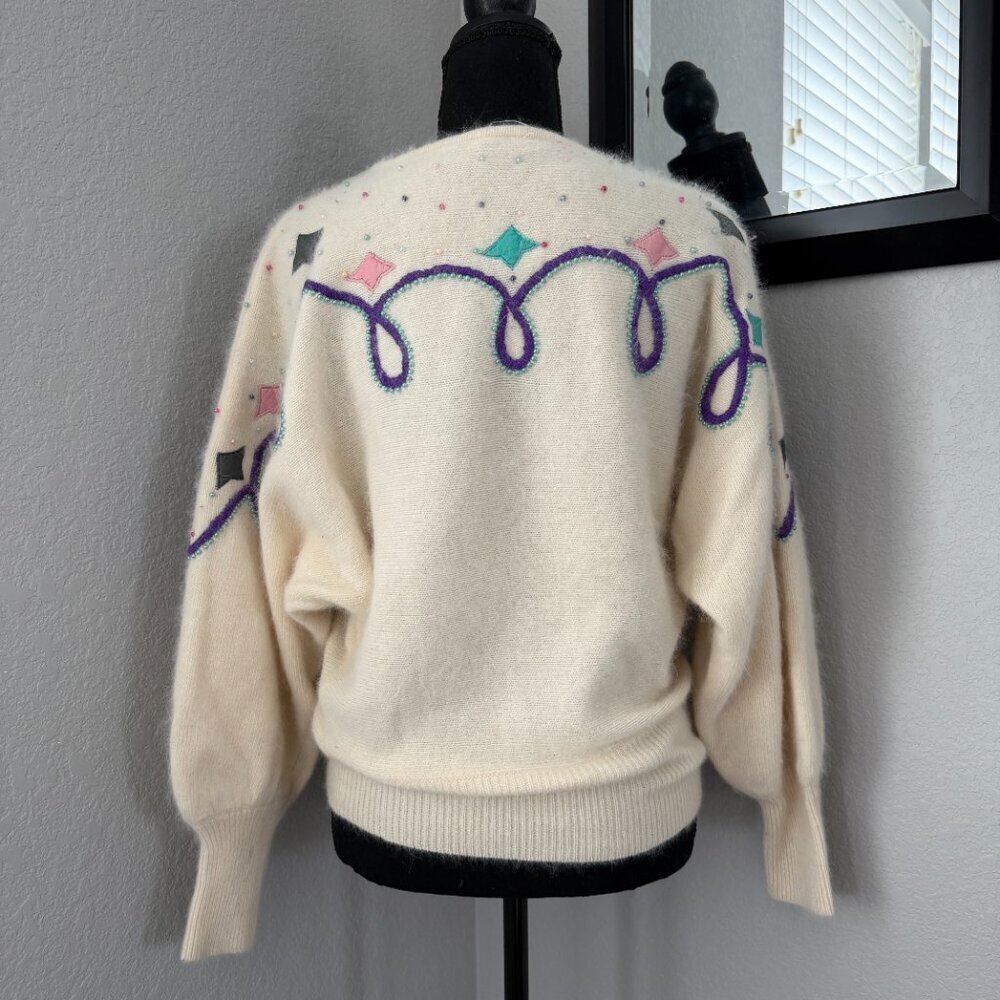 Vintage 80s Pastel Angora Geometric Sweater Cream Ivory Large - Picture 8 of 14